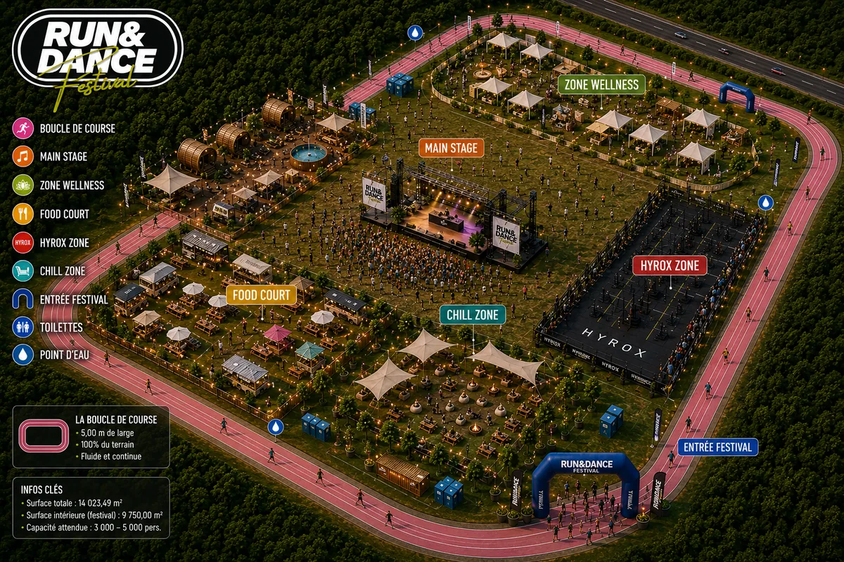 Plan 2026 du Run & Dance Festival : boucle de course, main stage, zone wellness, food court, zone HYROX et chill zone