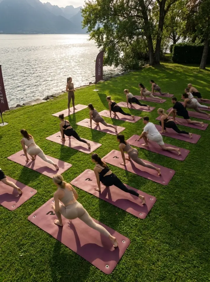 Séance de Pilates Mat en plein air au bord du lac lors du Lakeside Members Day